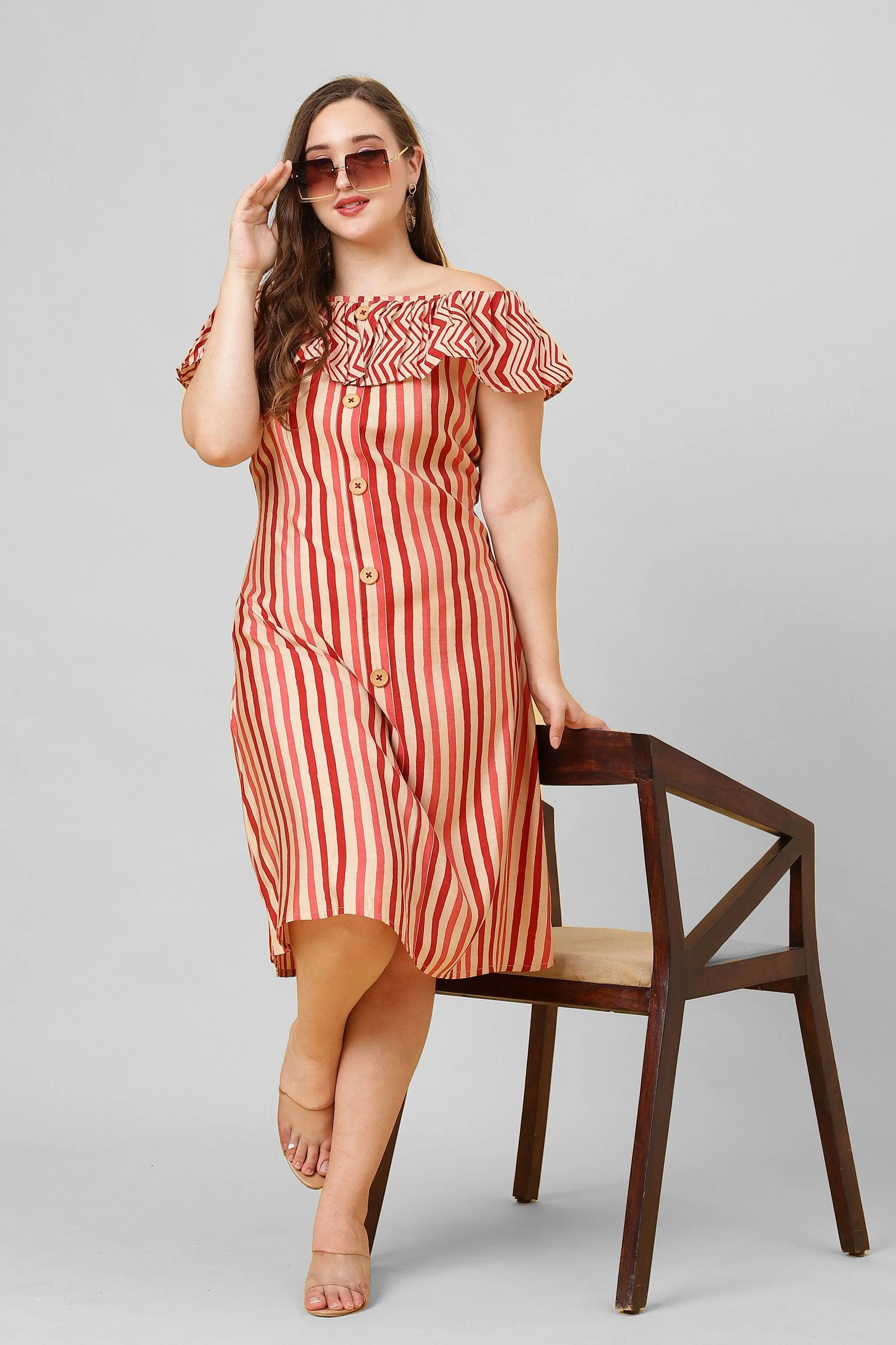 Red and White Striped Ruffle Neck A-Line Hot Dress for Women