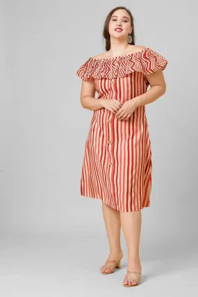 Red and White Striped Ruffle Neck A-Line Hot Dress for Women