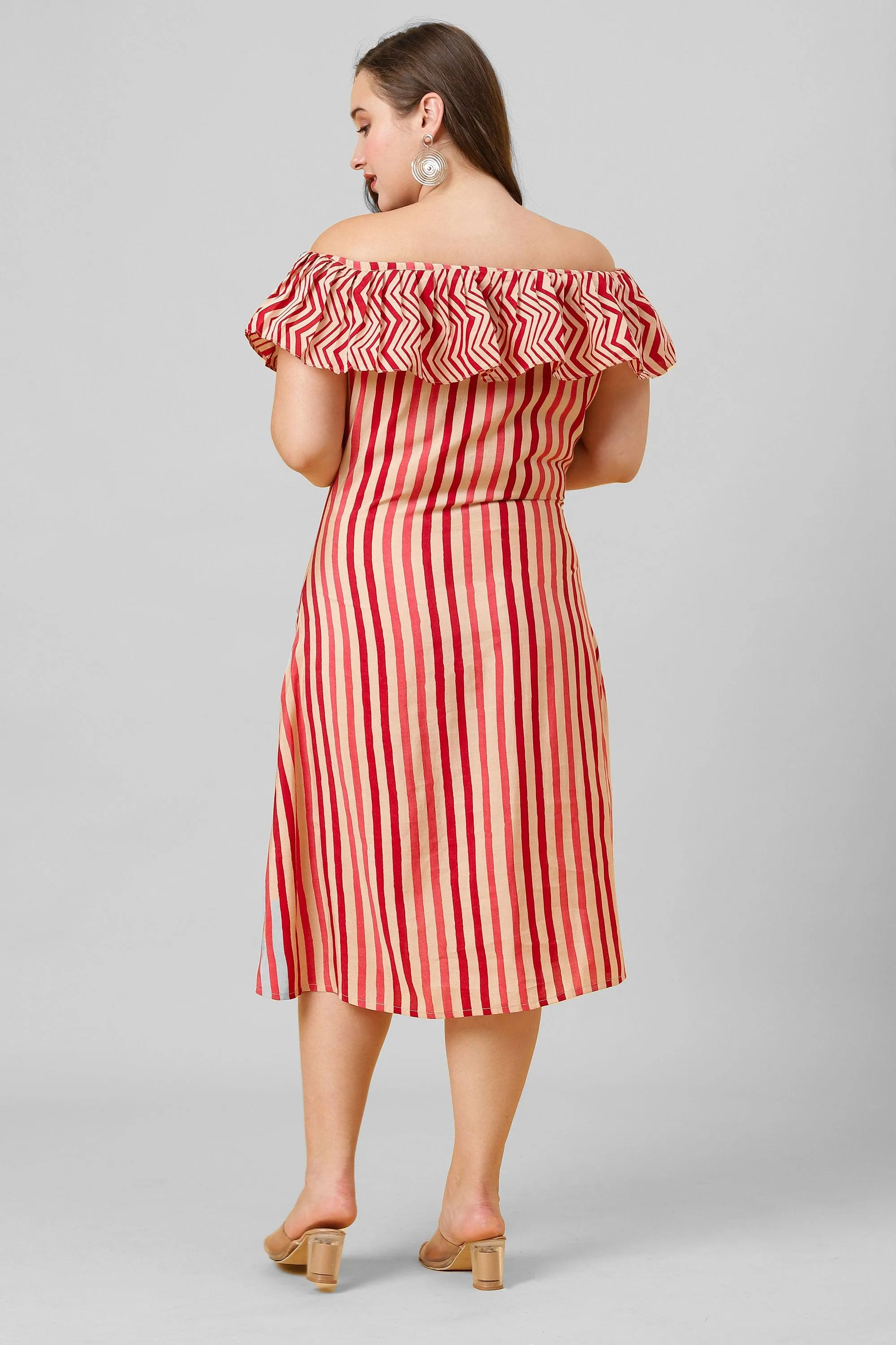 Red and White Striped Ruffle Neck A-Line Hot Dress for Women