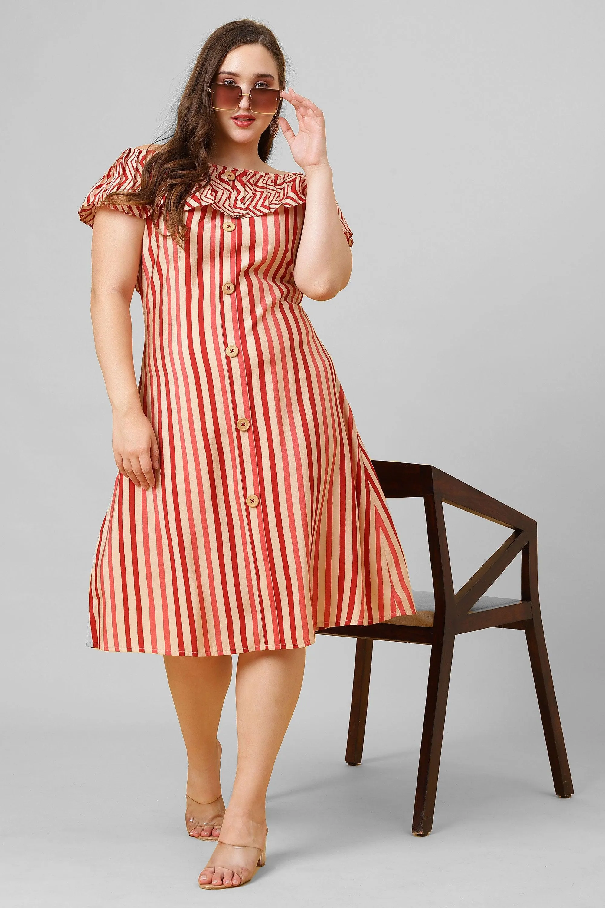 Red and White Striped Ruffle Neck A-Line Hot Dress for Women