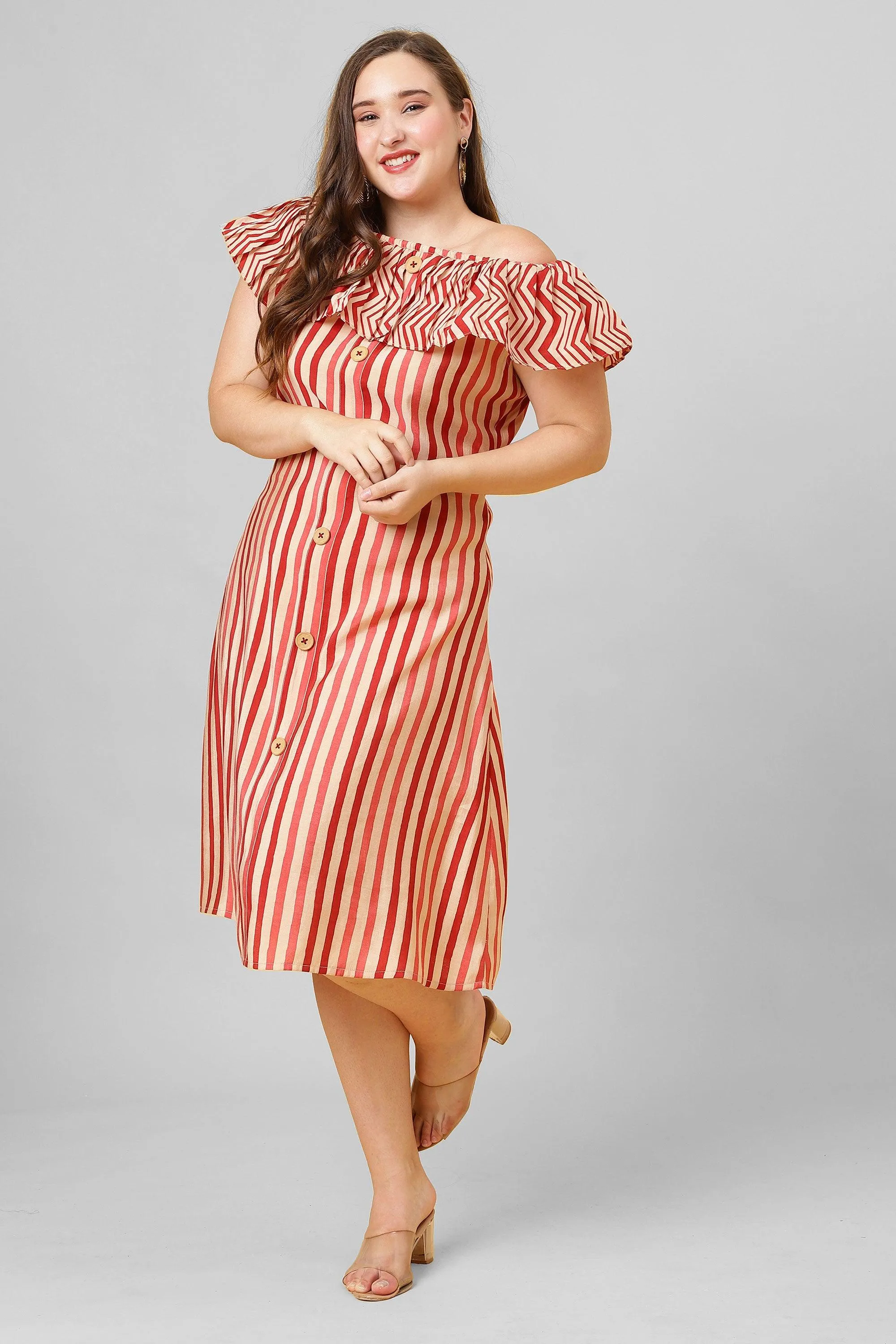 Red and White Striped Ruffle Neck A-Line Hot Dress for Women