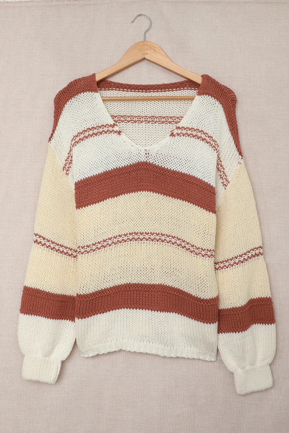 Red Colorblock Casual V Neck Knit Pullover Sweater