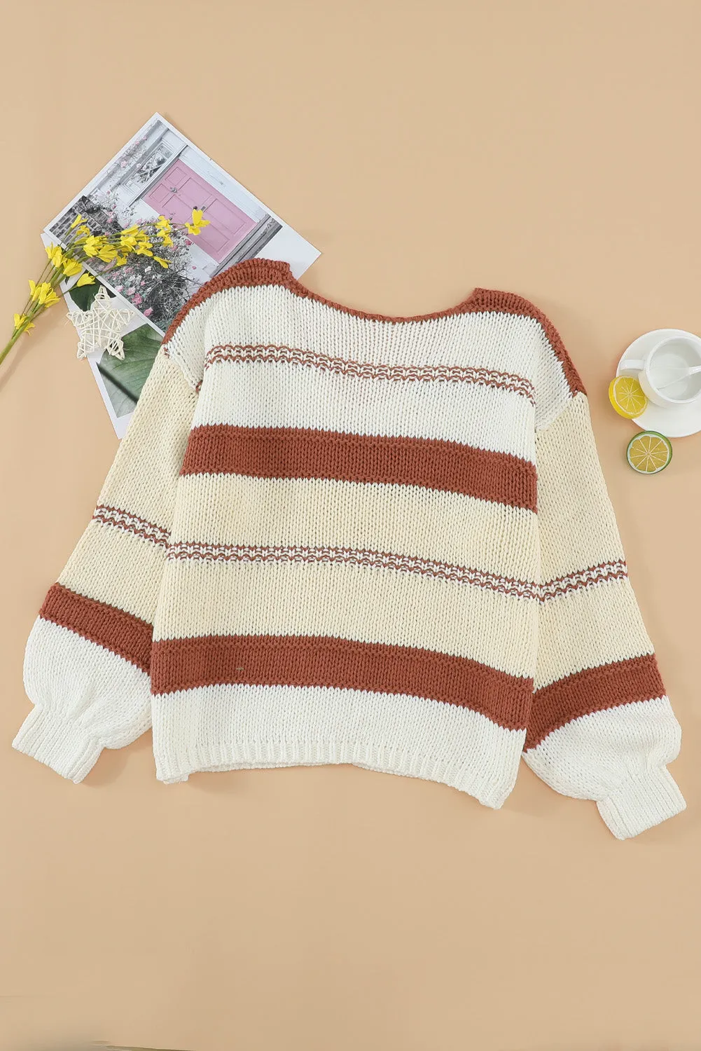 Red Colorblock Casual V Neck Knit Pullover Sweater