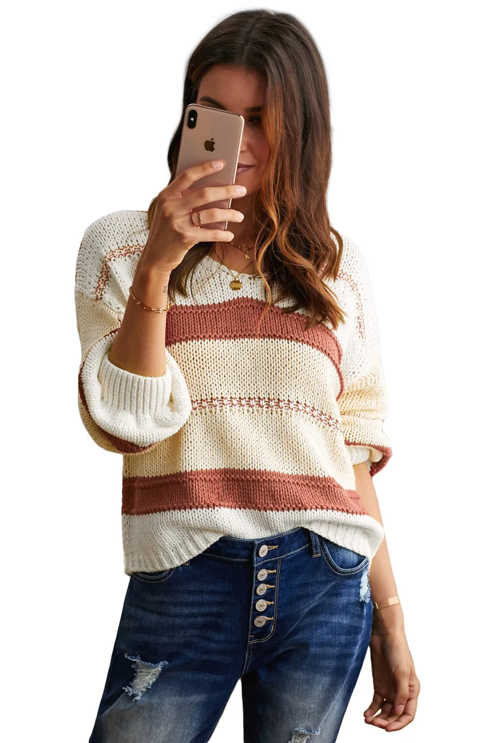 Red Colorblock Casual V Neck Knit Pullover Sweater