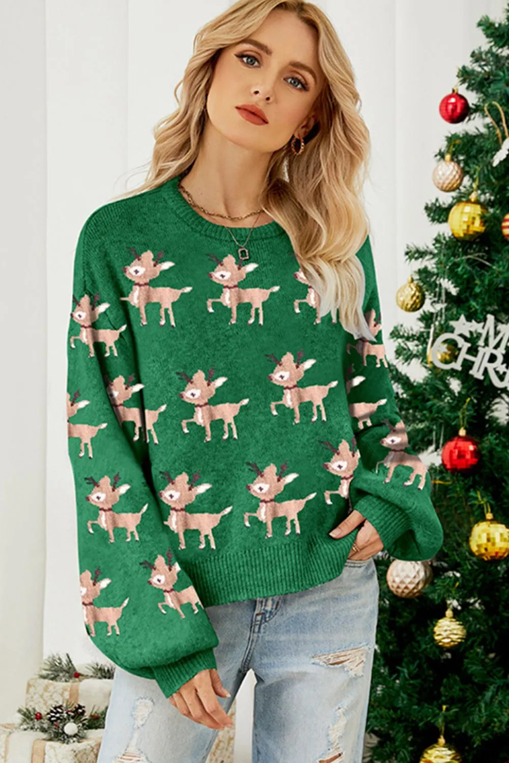 Reindeer Round Neck Drop Shoulder Sweater