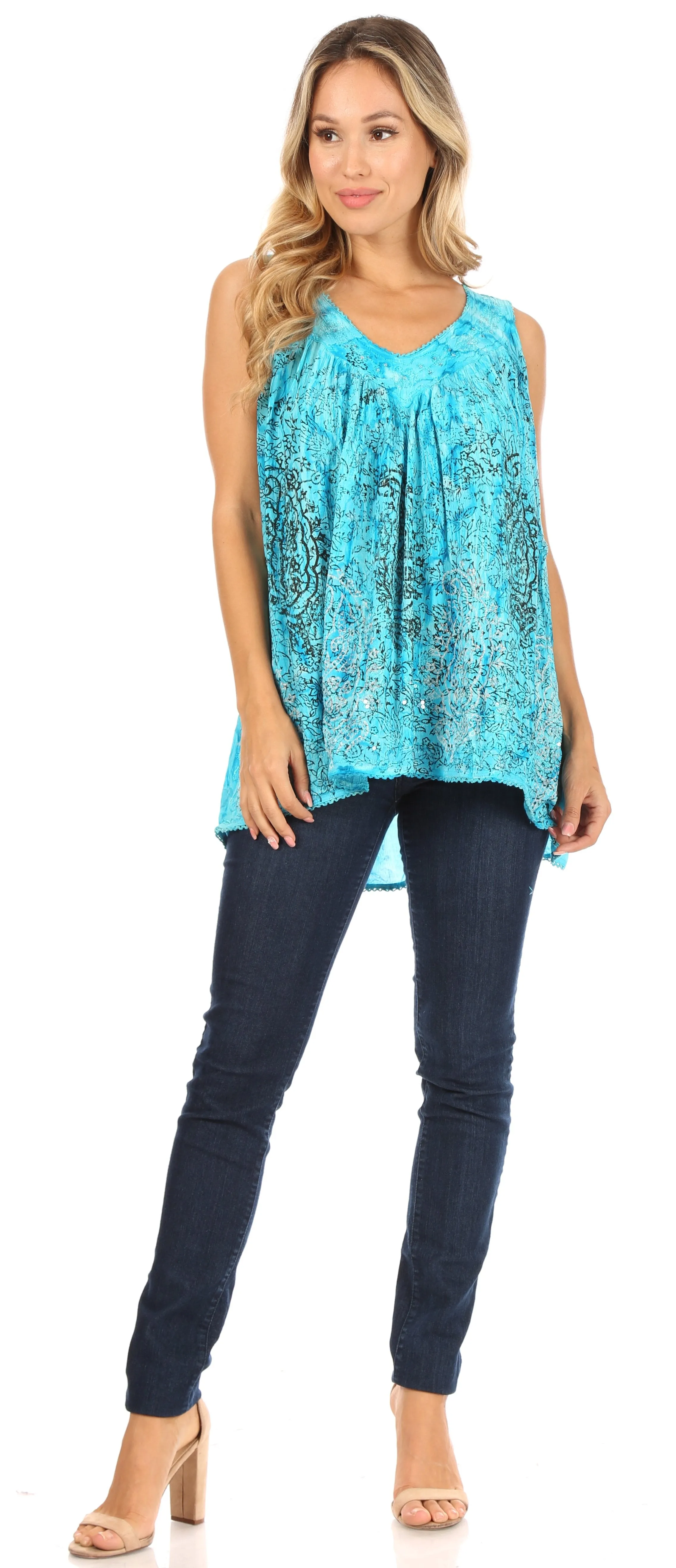 Sakkas Alyse Crinkle Tie Dye Tank with Sequins and Embroidery