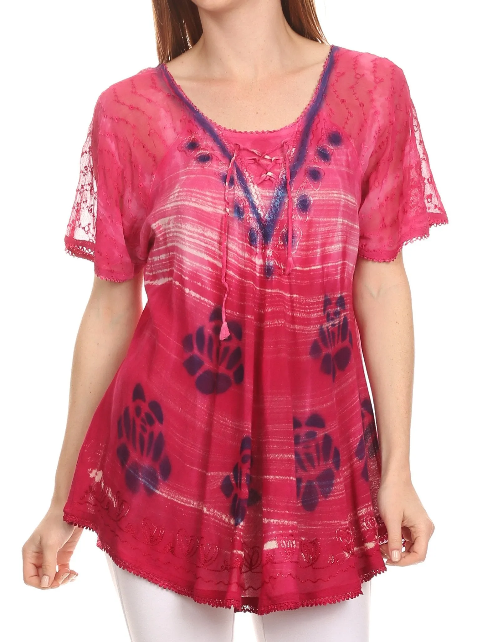 Sakkas Reya Lace Embroidered Cap Sleeve Corset Tie Dye Blouse Top Shirt