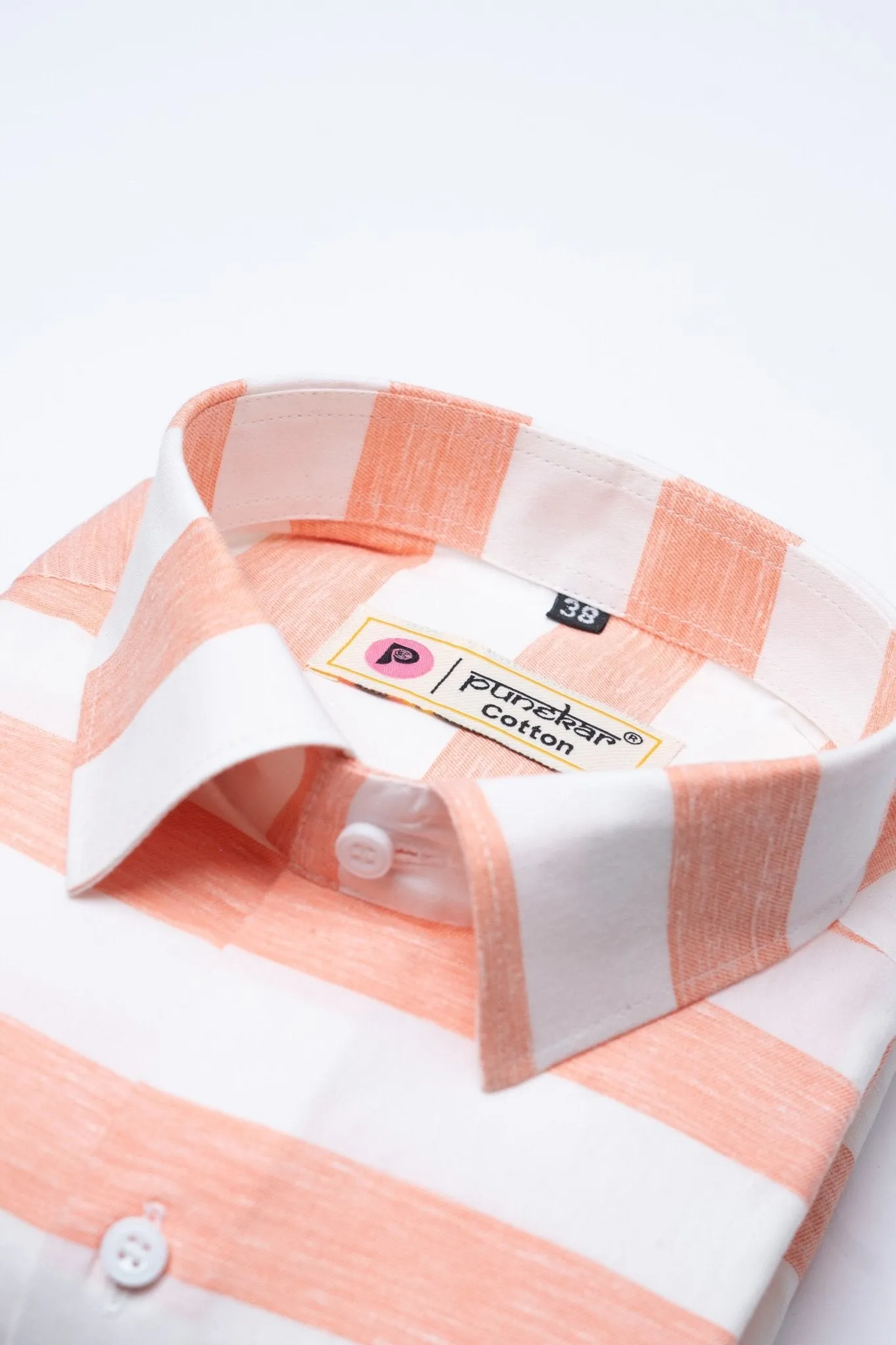 Salmon Orange Color Cotton Stripe Shirt For Men