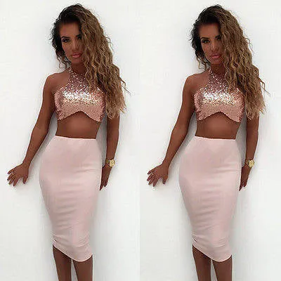 Sequins 2 piece crop top midi skirt set