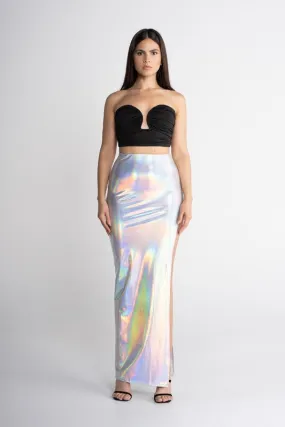 Silver Aurora Maxi Holographic Foil Skirt