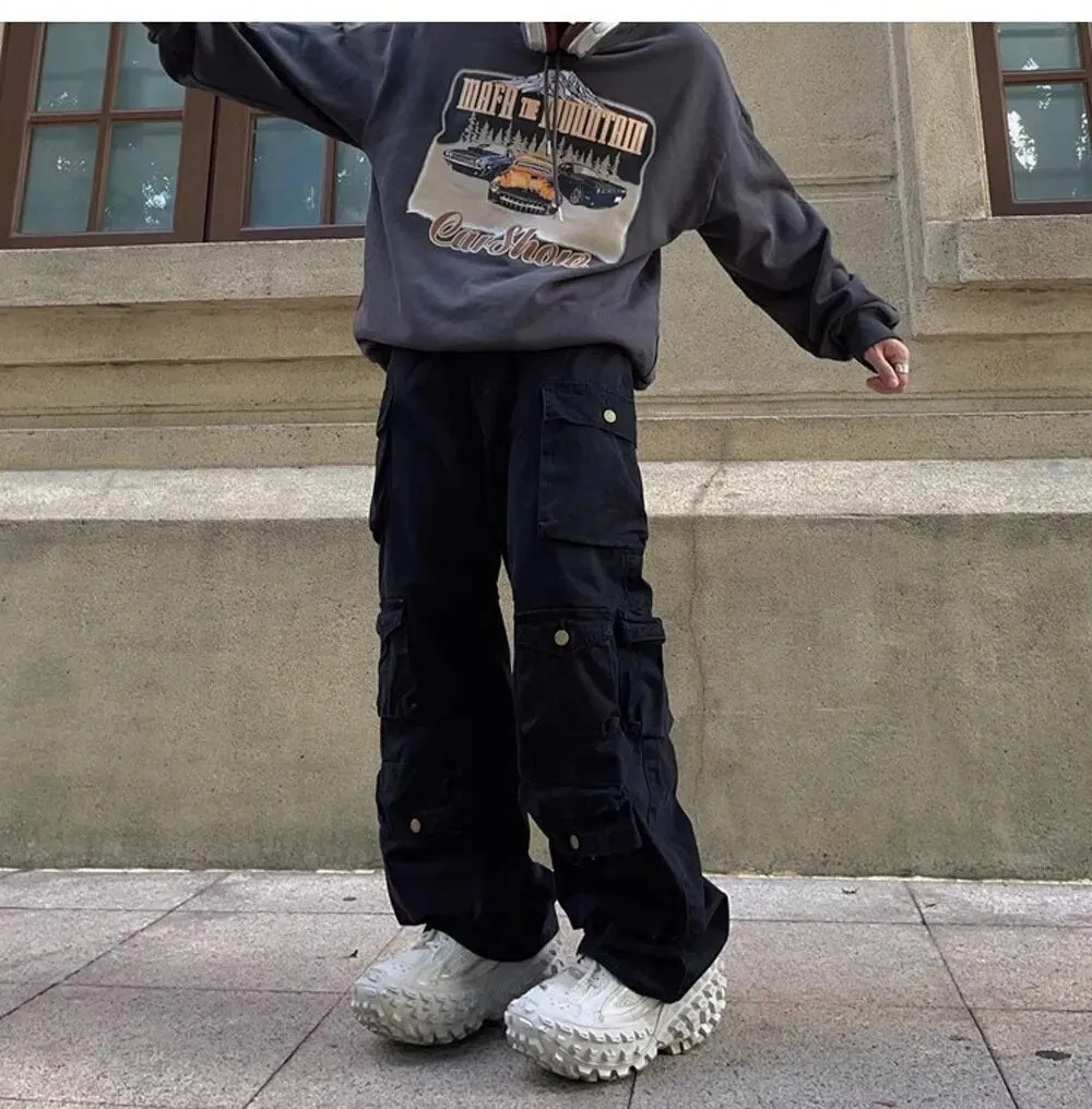 Streetwear Solid Multi Pockets Loose Pants