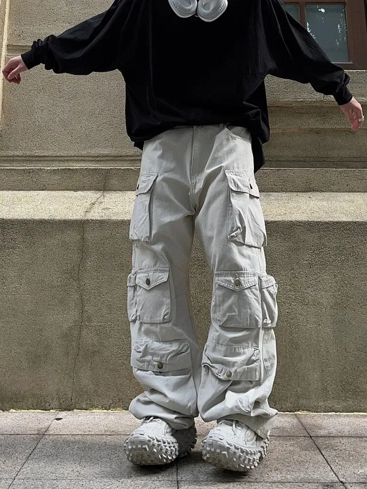 Streetwear Solid Multi Pockets Loose Pants