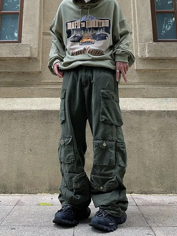 Streetwear Solid Multi Pockets Loose Pants