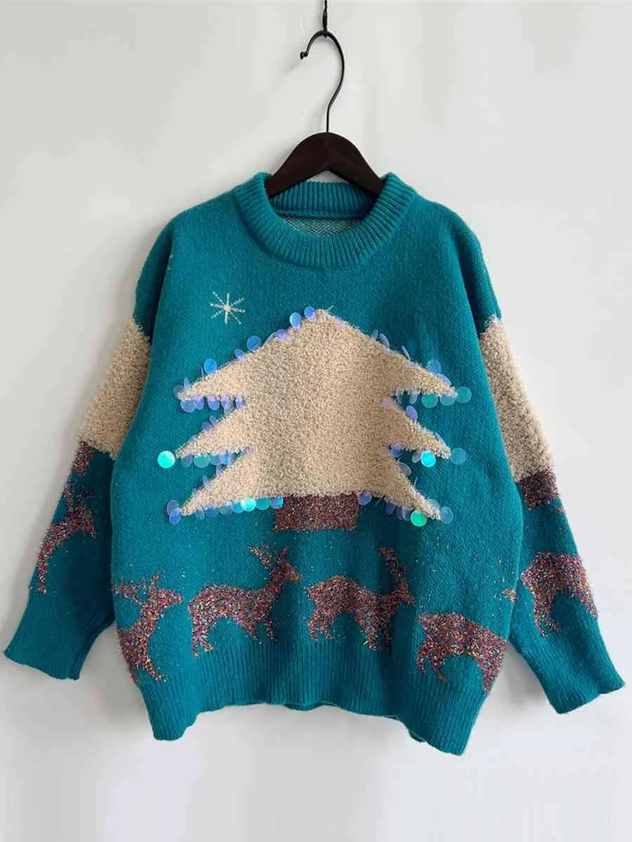 TEEK - Sequin Christmas Tree & Reindeer Sweater