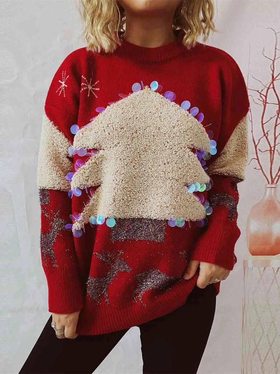 TEEK - Sequin Christmas Tree & Reindeer Sweater