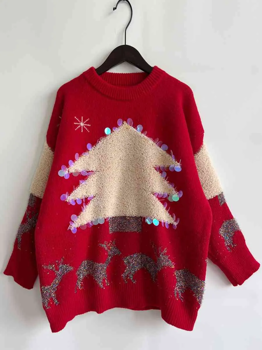 TEEK - Sequin Christmas Tree & Reindeer Sweater