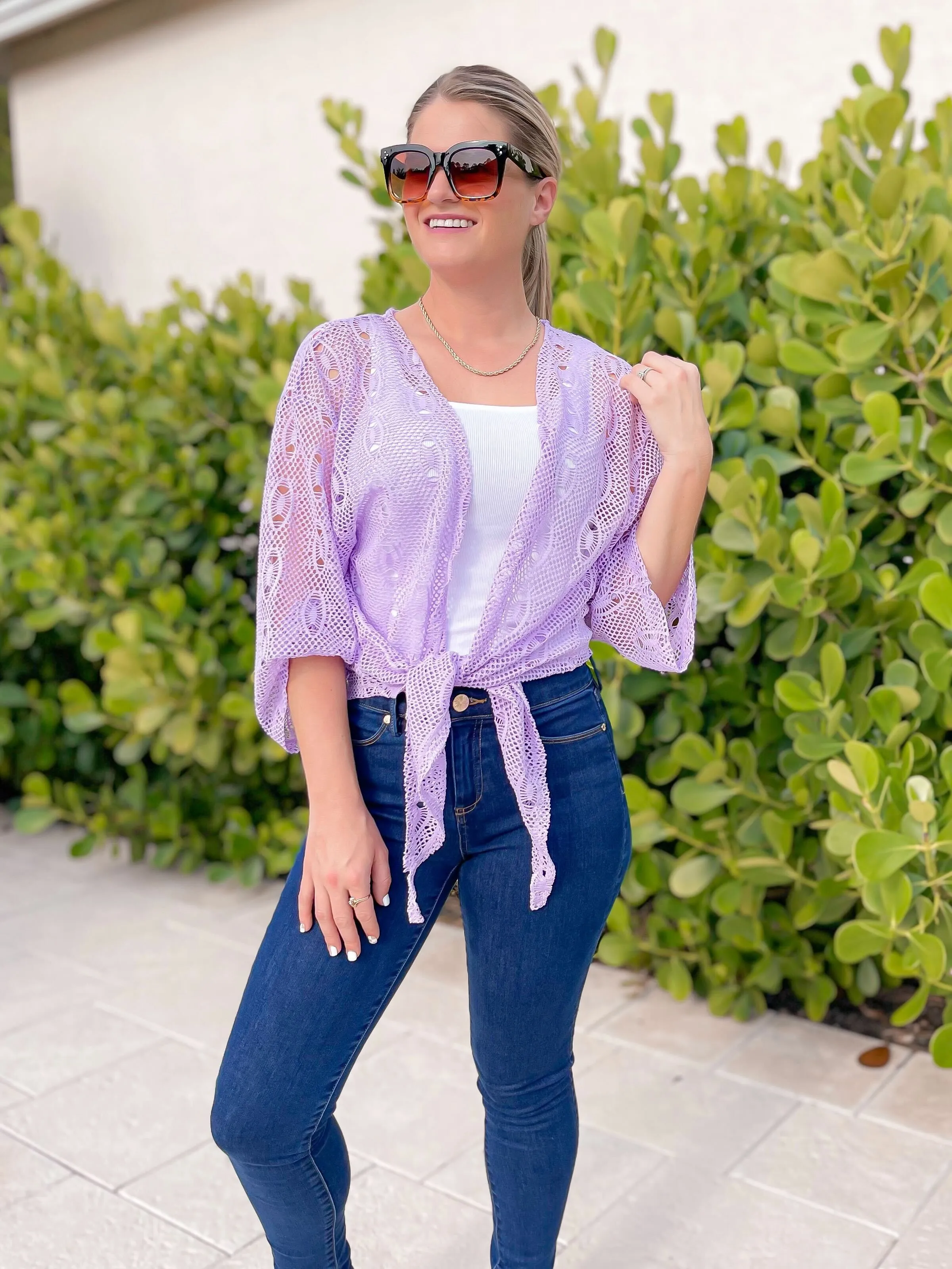 Tie Waist Mesh Cardigan - Lavender