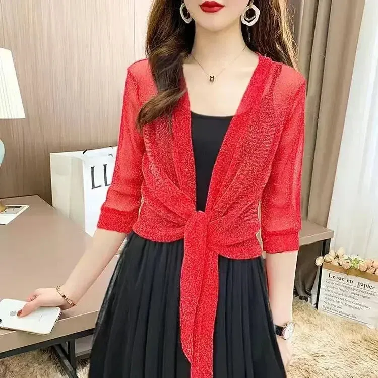 Trendy Mesh Glitter Lace-up Cardigan Half Sleeve Blouse