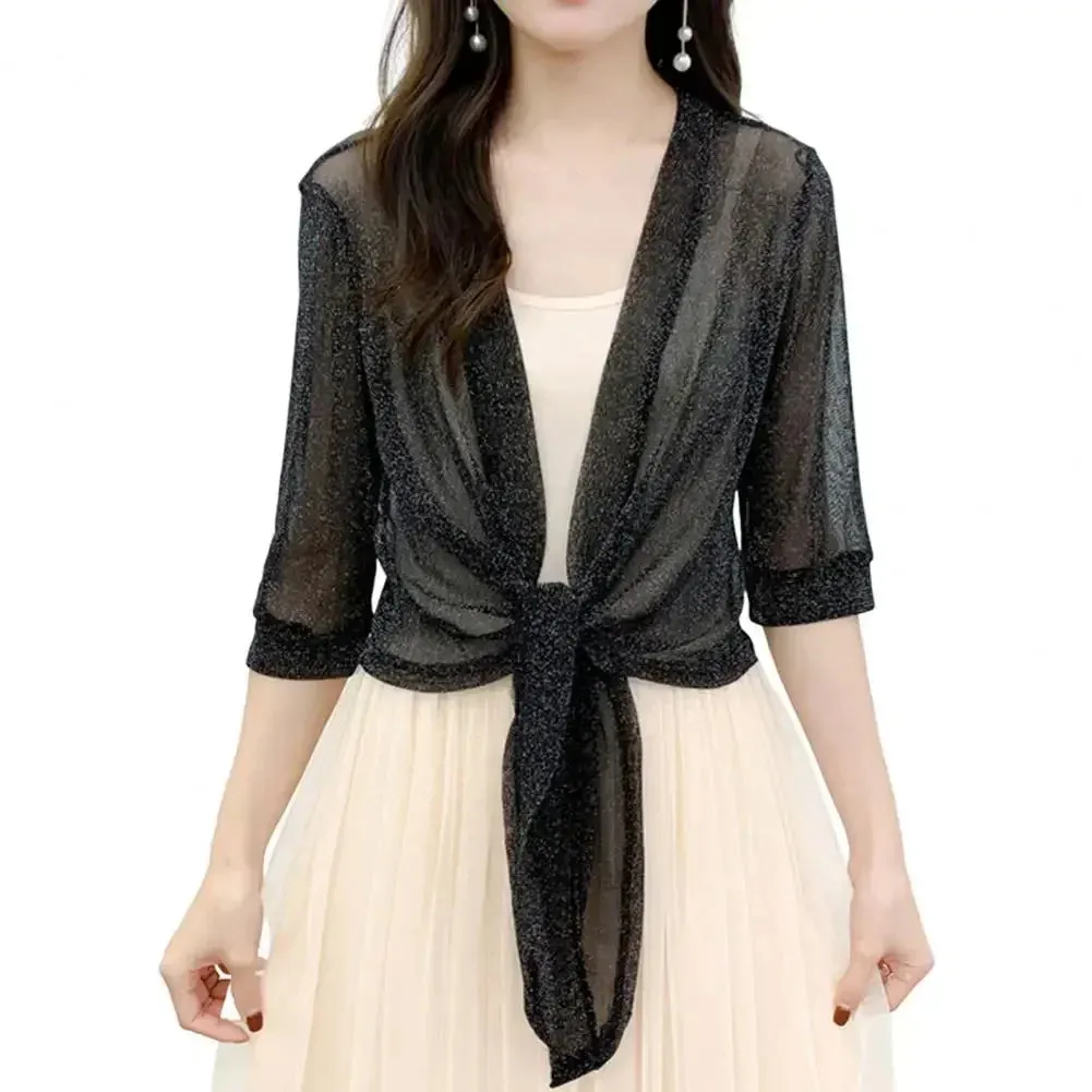 Trendy Mesh Glitter Lace-up Cardigan Half Sleeve Blouse