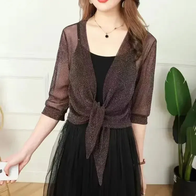 Trendy Mesh Glitter Lace-up Cardigan Half Sleeve Blouse