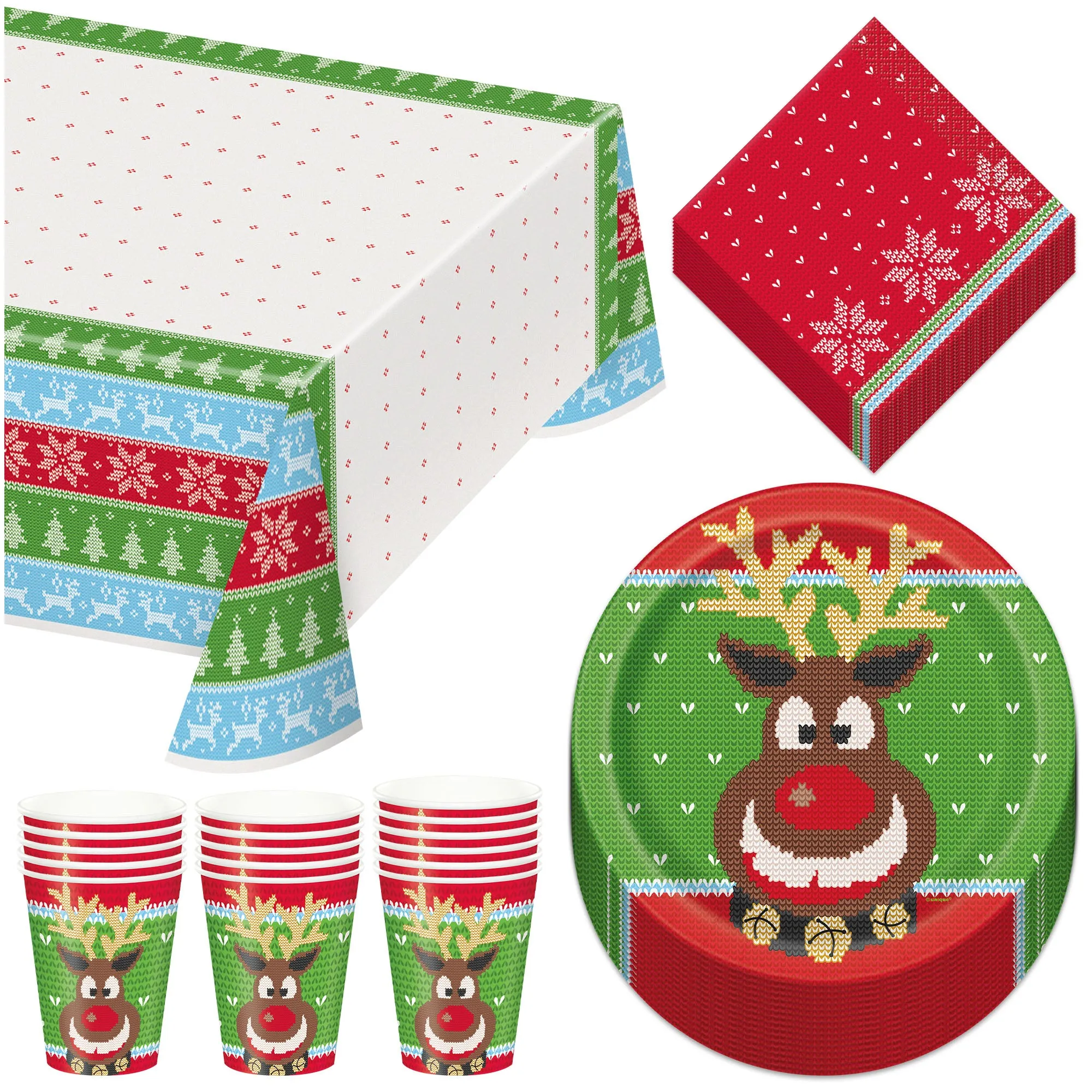 Ugly Sweater Christmas Holiday Party Pack - Paper Dinner Plates, Beverage Napkins, Cups &Table Cover