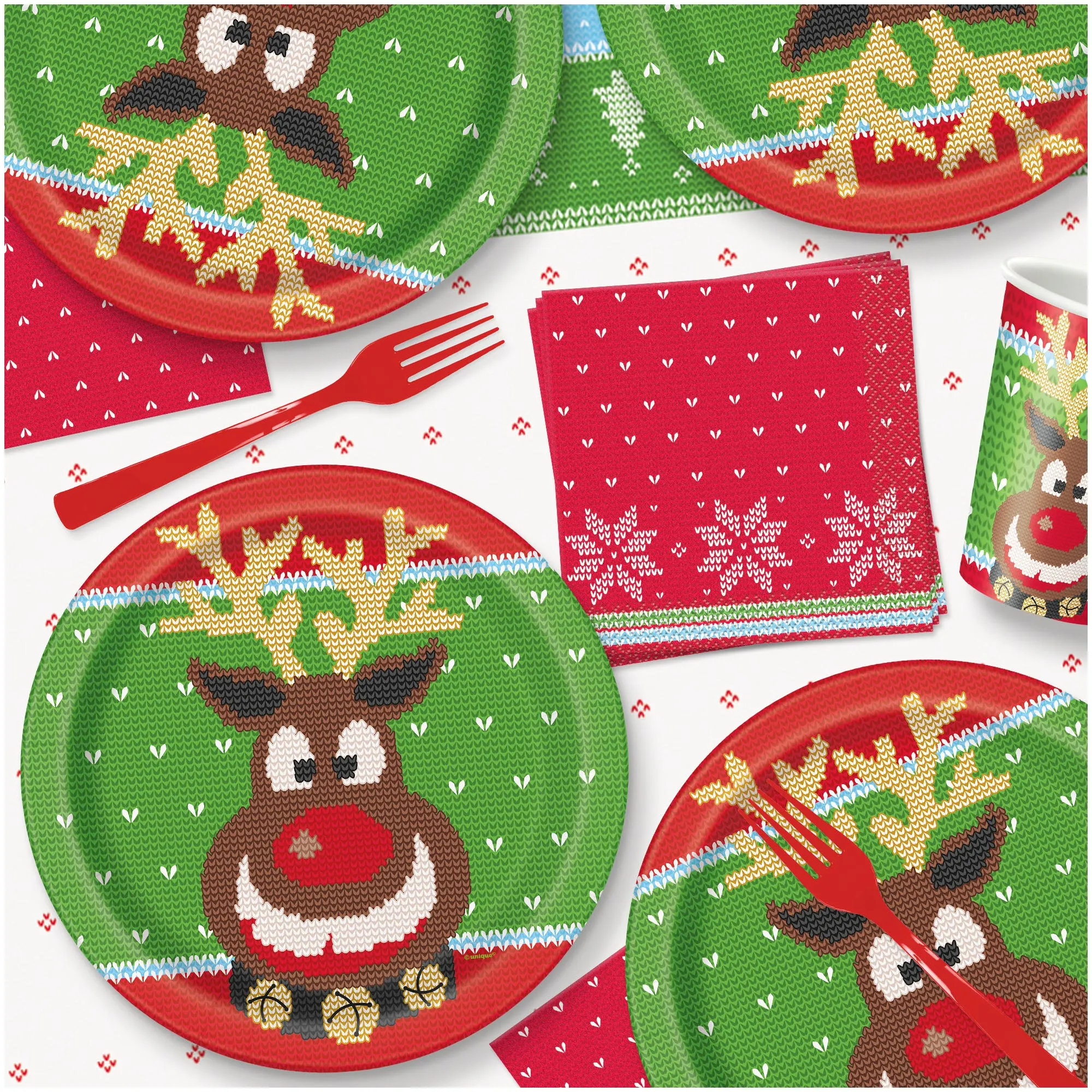 Ugly Sweater Christmas Holiday Party Pack - Paper Dinner Plates, Beverage Napkins, Cups &Table Cover