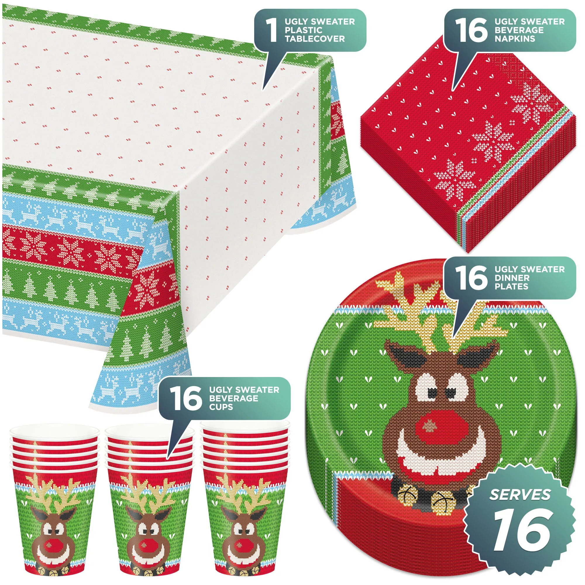 Ugly Sweater Christmas Holiday Party Pack - Paper Dinner Plates, Beverage Napkins, Cups &Table Cover