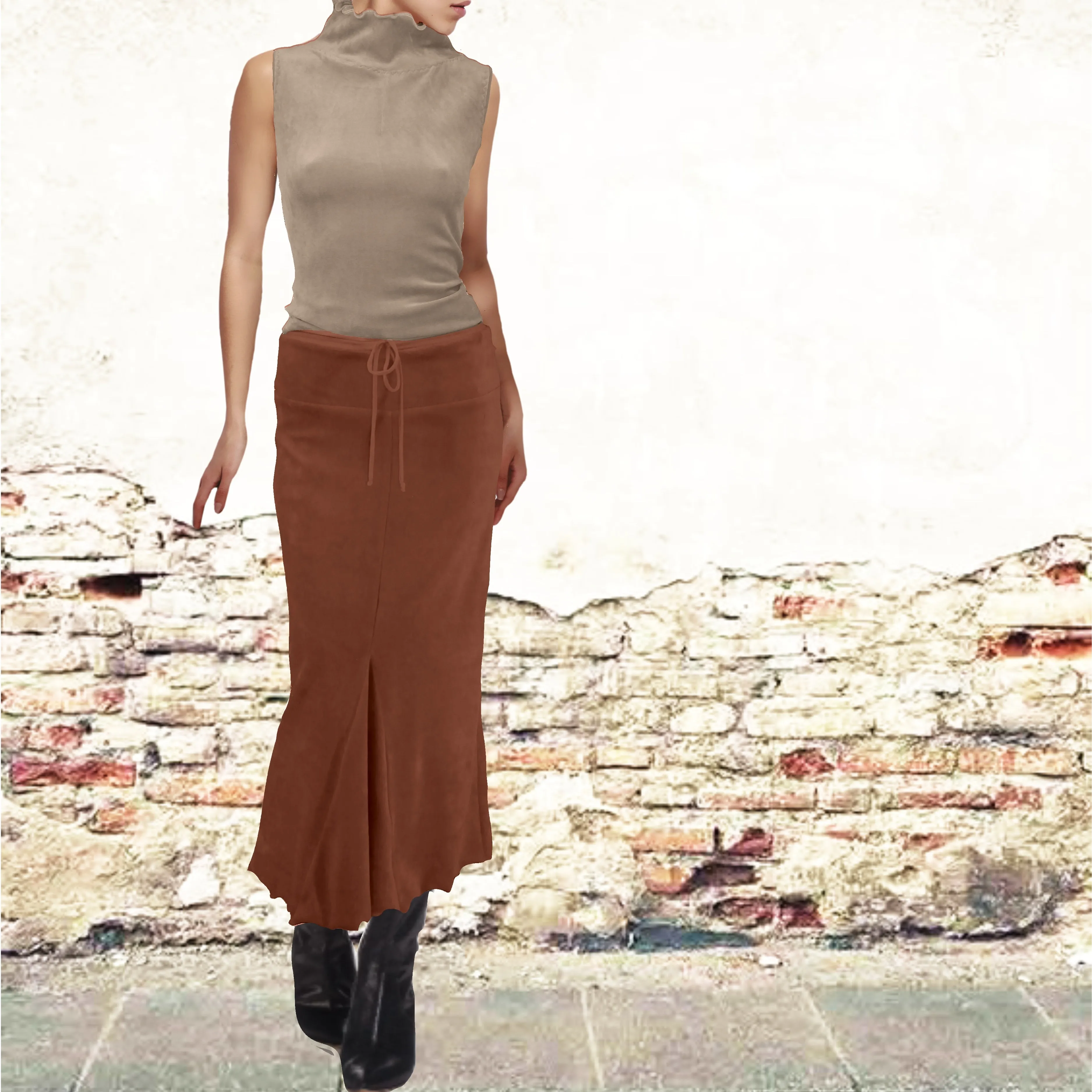 Velours maxi koker rok met volants/velvet maxi  pencil skirt with ruffles and scalloped hem