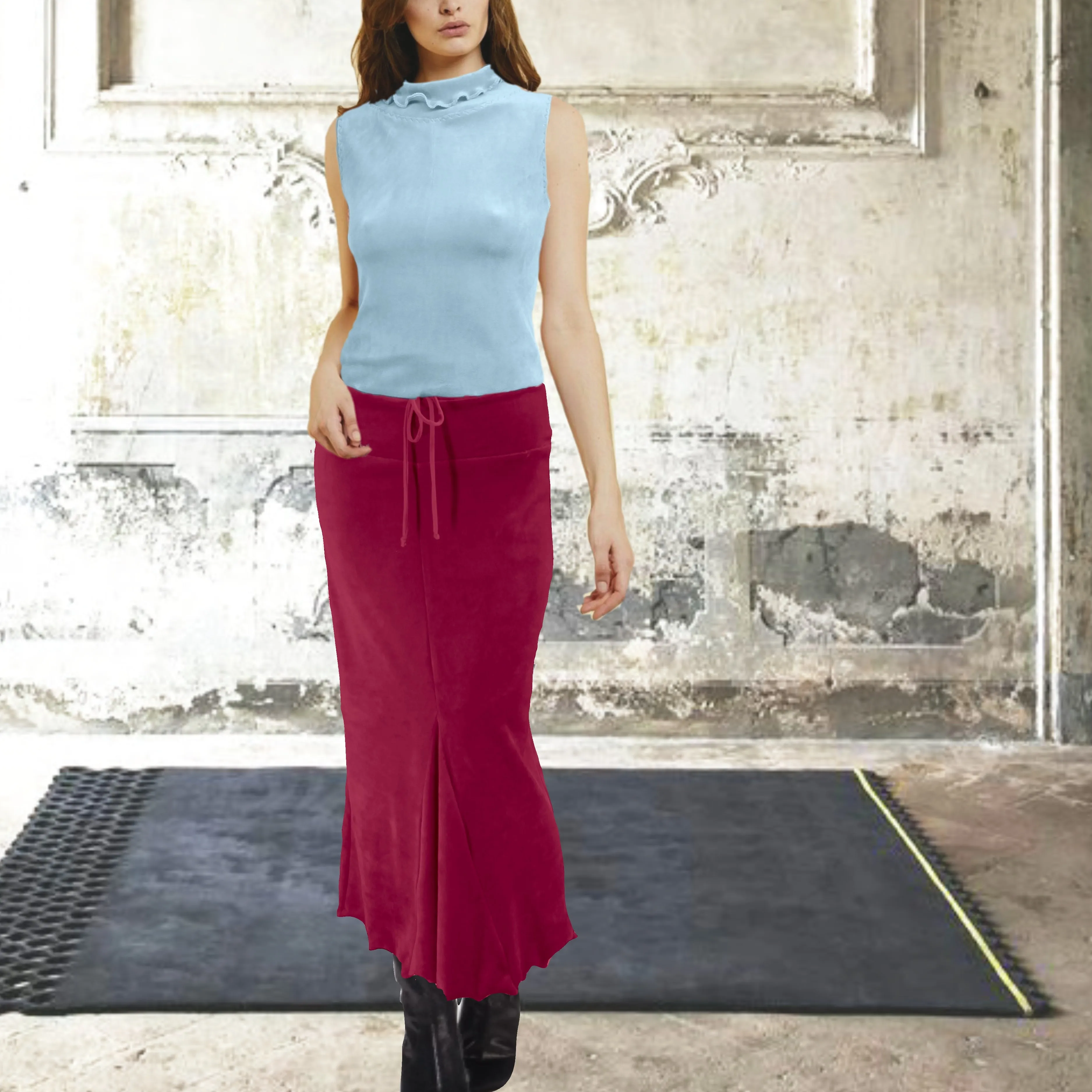 Velours maxi koker rok met volants/velvet maxi  pencil skirt with ruffles and scalloped hem