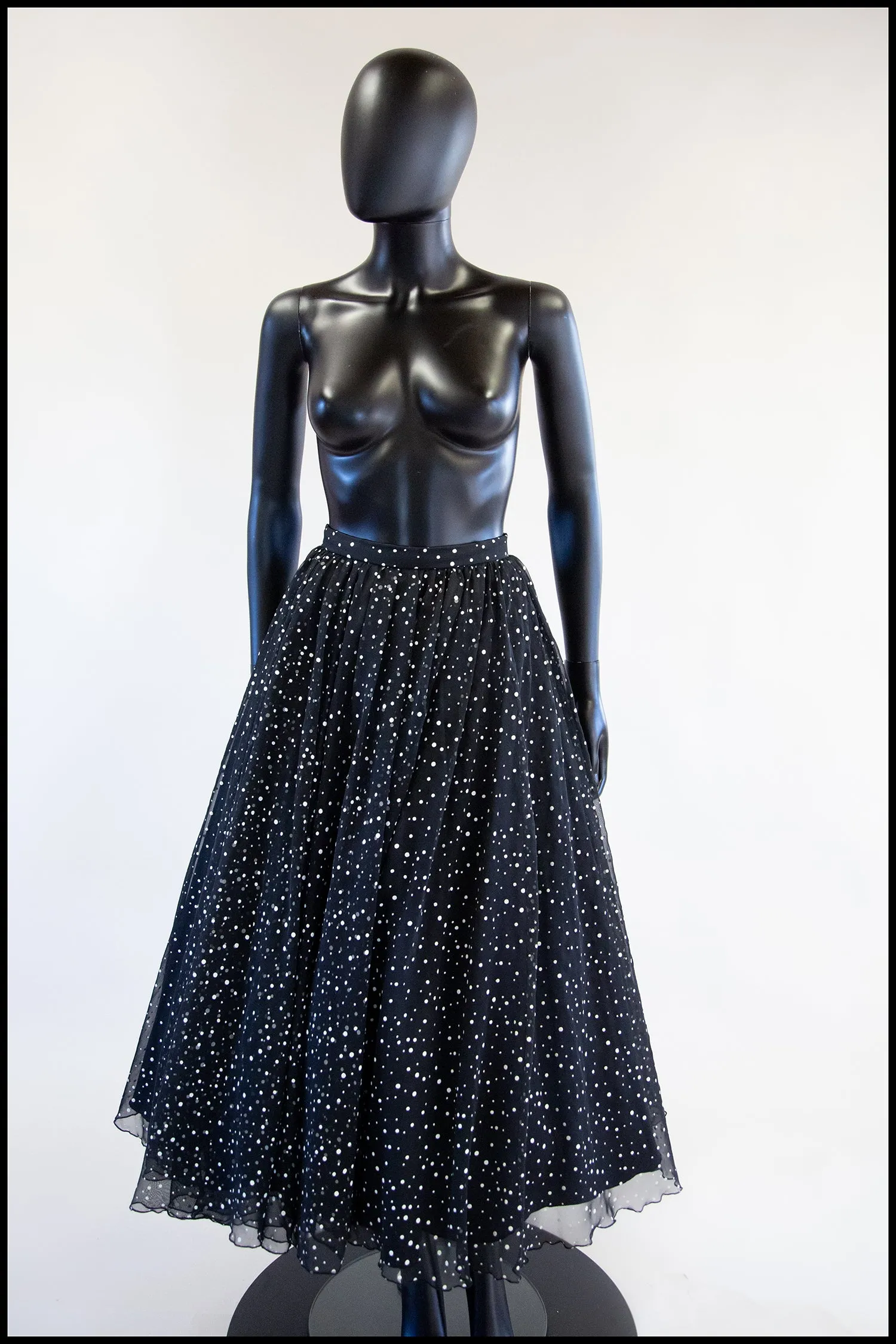 Vintage 1980s Polka Dot Chiffon Full Midi Skirt