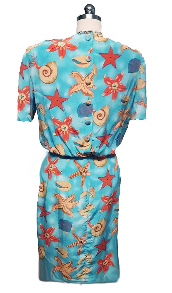 *VINTAGE '80s ALBERT NIPON BOUTIQUE SEASHELL & STARFISH SILK DRESS