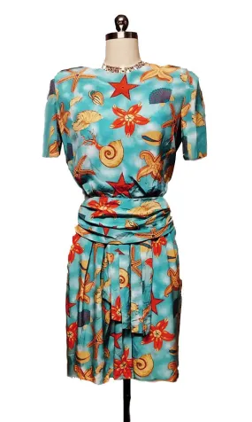 *VINTAGE '80s ALBERT NIPON BOUTIQUE SEASHELL & STARFISH SILK DRESS