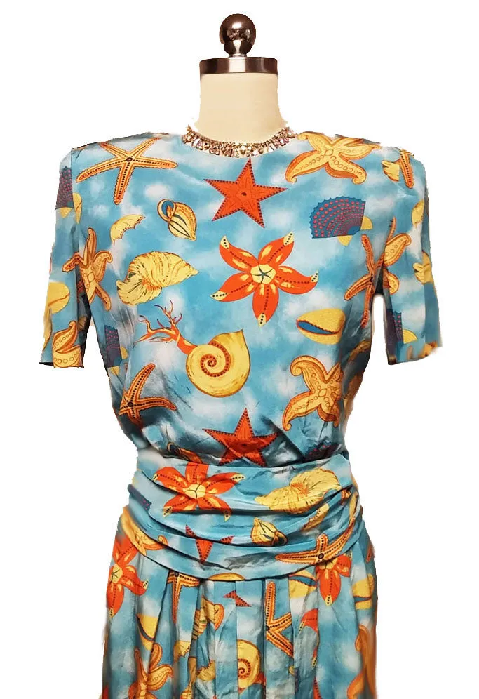 *VINTAGE '80s ALBERT NIPON BOUTIQUE SEASHELL & STARFISH SILK DRESS