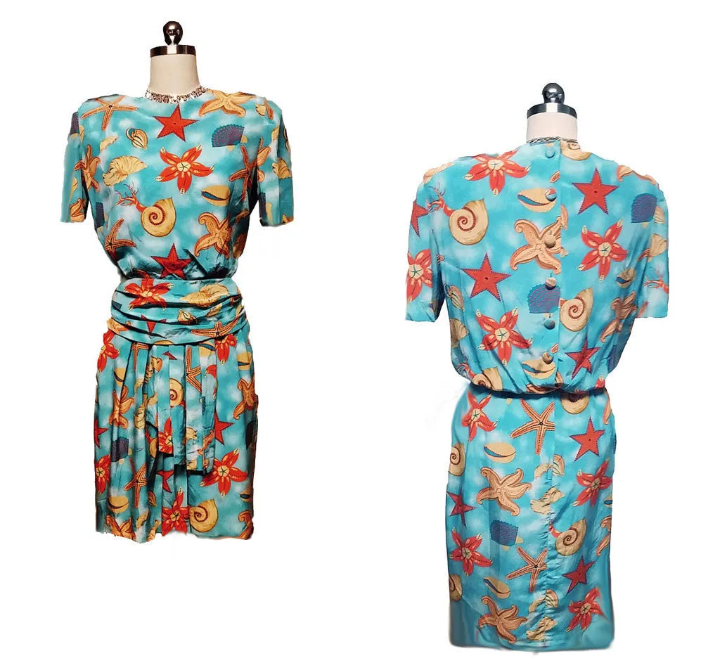 *VINTAGE '80s ALBERT NIPON BOUTIQUE SEASHELL & STARFISH SILK DRESS