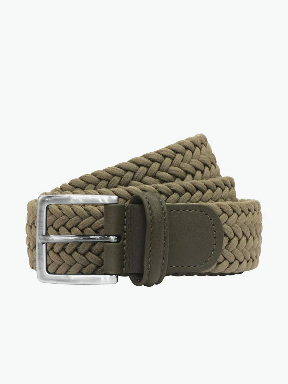 Waxed Leather-Trimmed Woven Belt Khaki