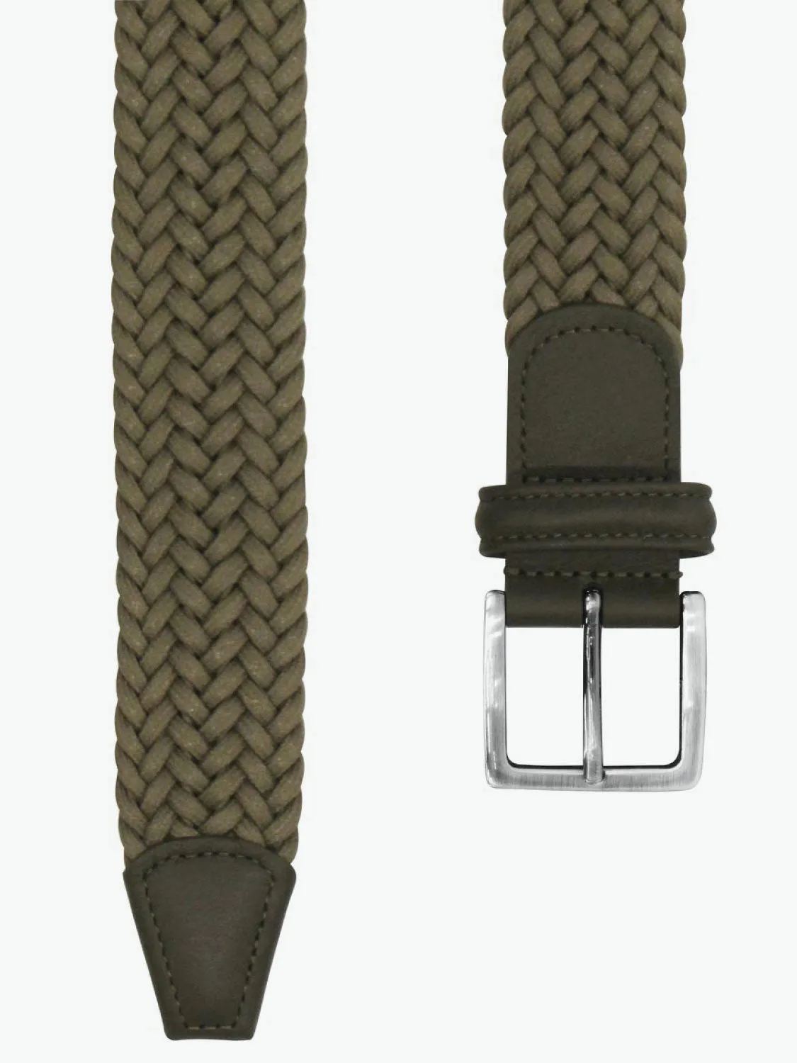 Waxed Leather-Trimmed Woven Belt Khaki