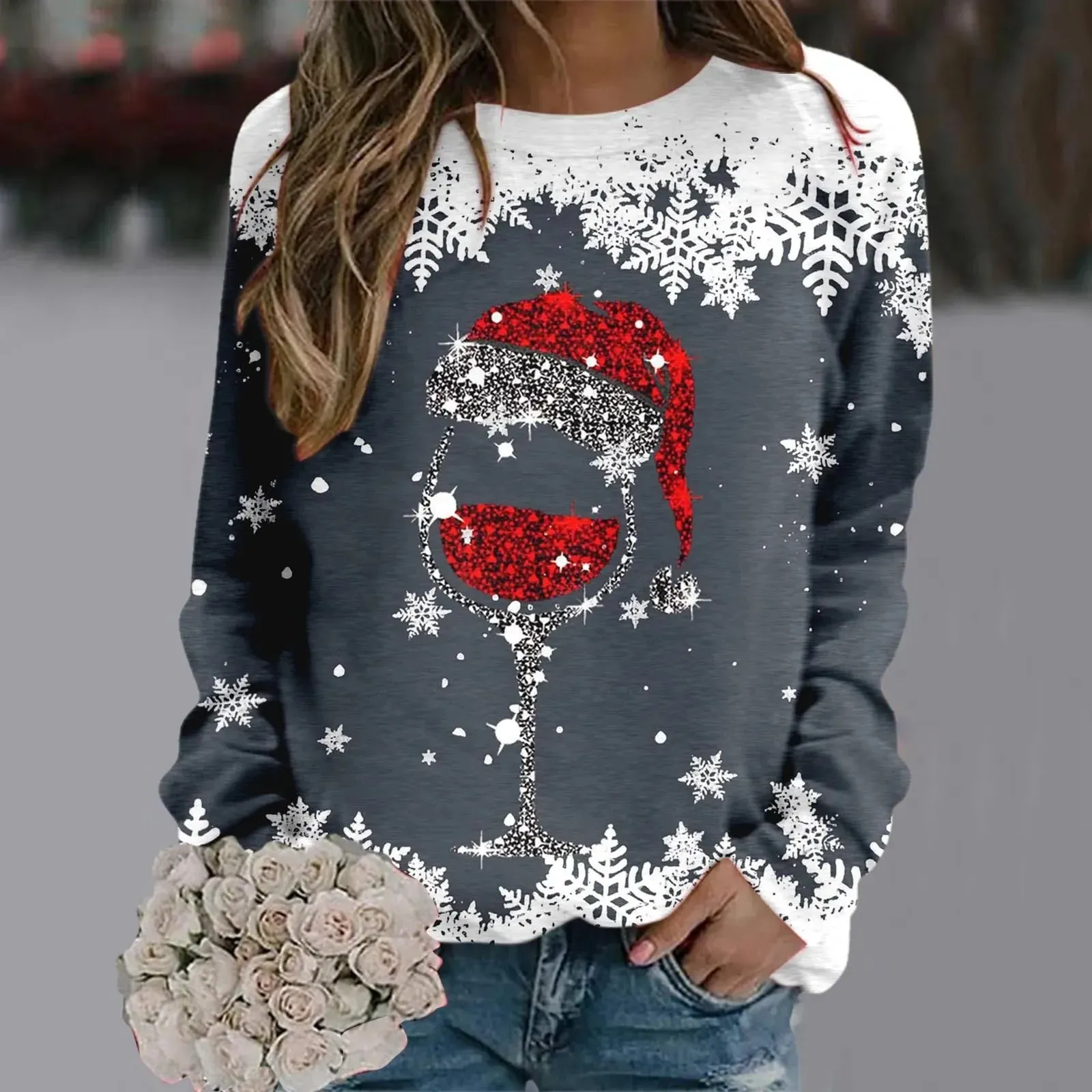 Wenkouban-Christmas Thanksgiving outfits_Cute Reindeer Graphic Long Sleeve Sweatshirt New Year Christmas Sweater