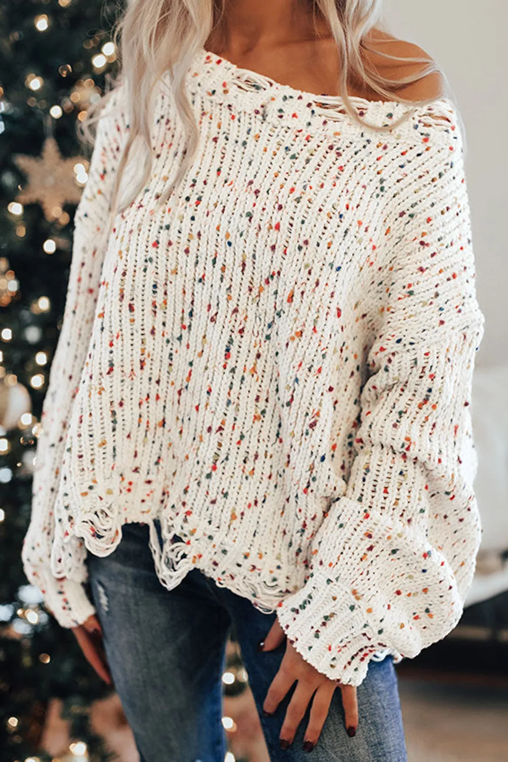 White Colorful Popcorn Knit Distressed Tunic Sweater