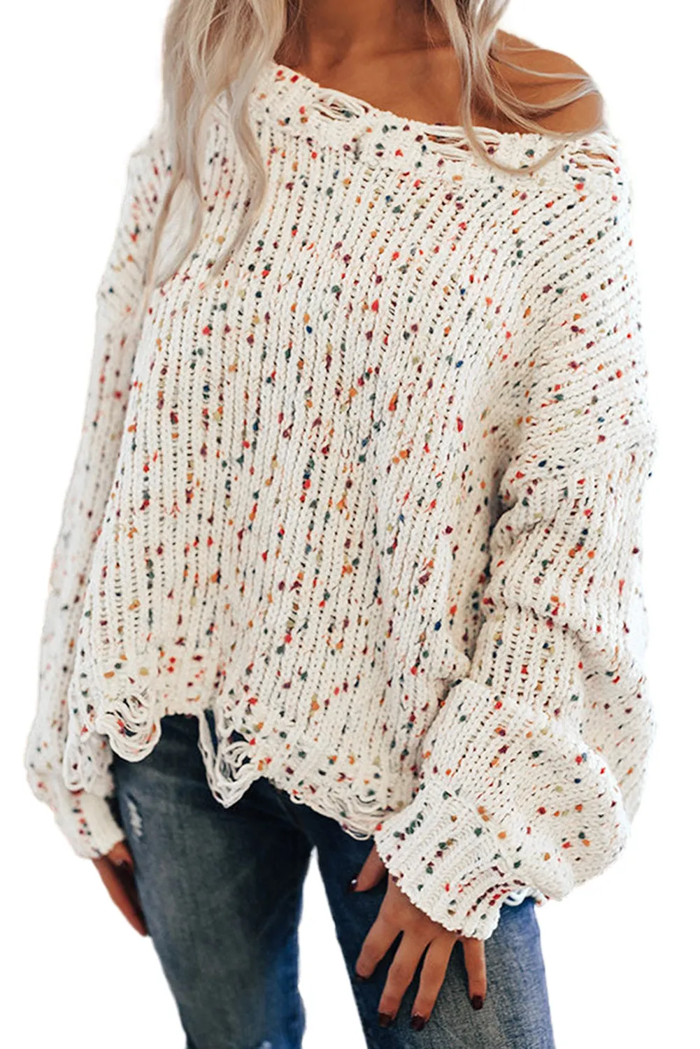 White Colorful Popcorn Knit Distressed Tunic Sweater