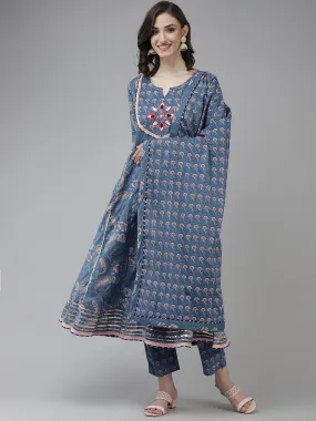 Women Blue Cotton Thread Work Kurta With Trousers & Dupatta