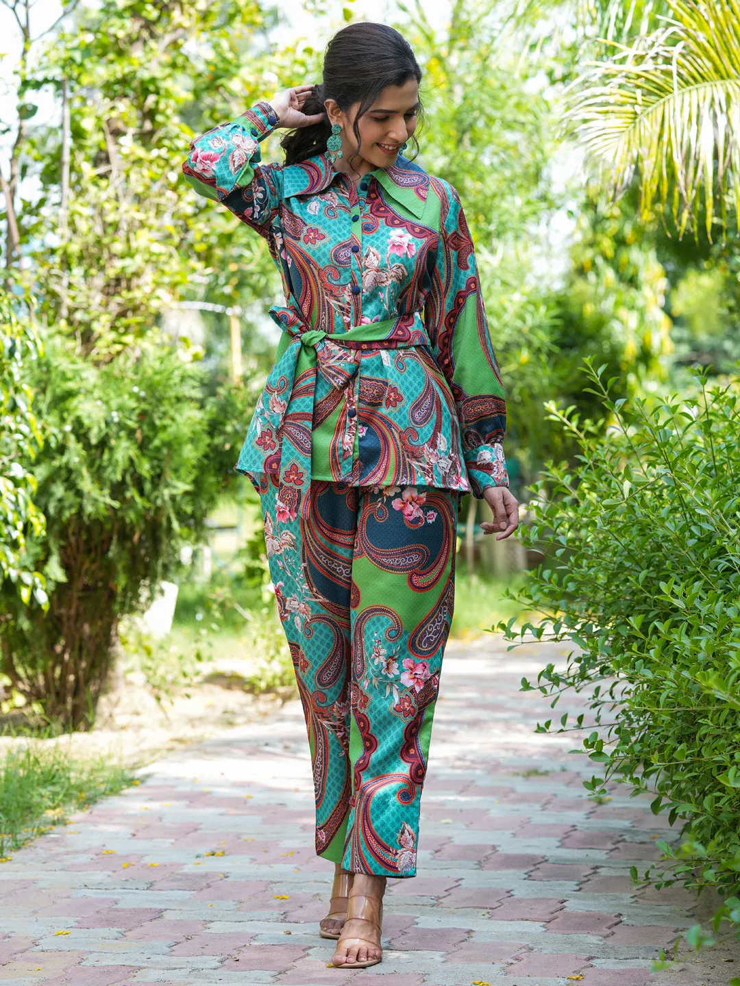 Women Green Satin Co-Ord Set