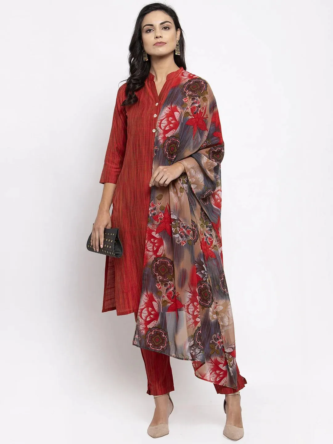 Women Red Self-Striped Kurta With Trousers & Georgette Dupatta