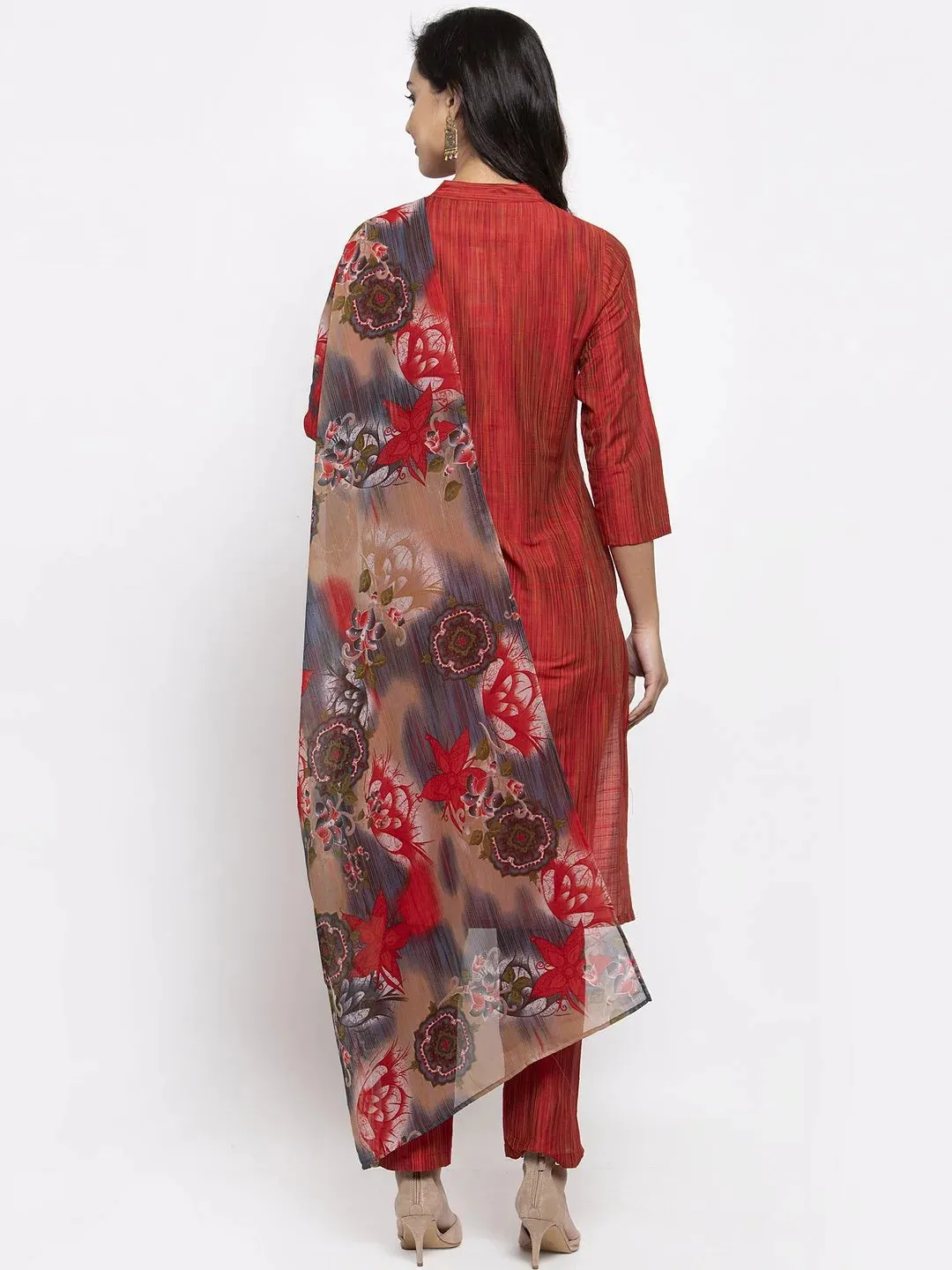 Women Red Self-Striped Kurta With Trousers & Georgette Dupatta