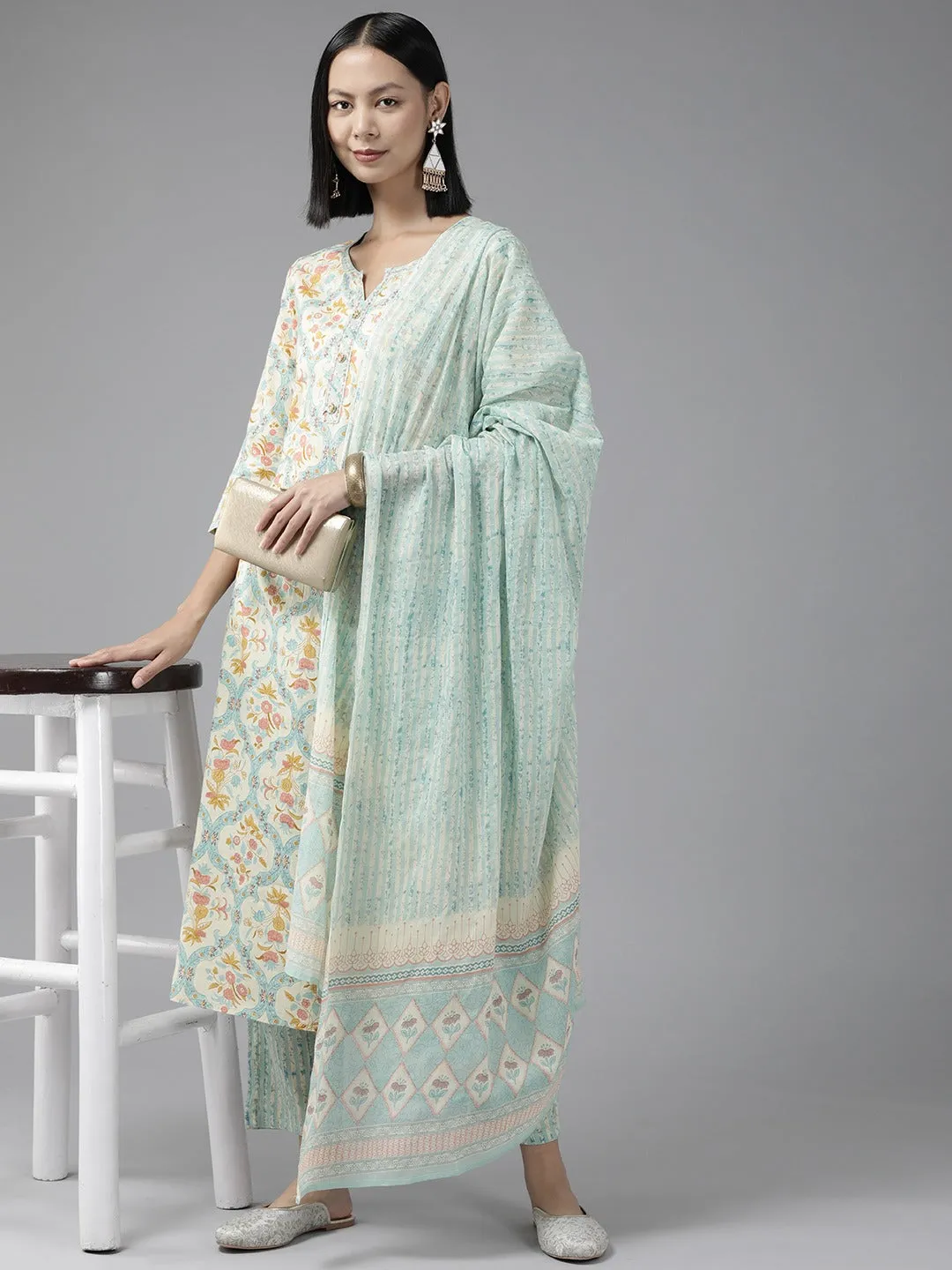 Women Sky Blue And Cream Pure Cotton Kurta Set With Dupatta