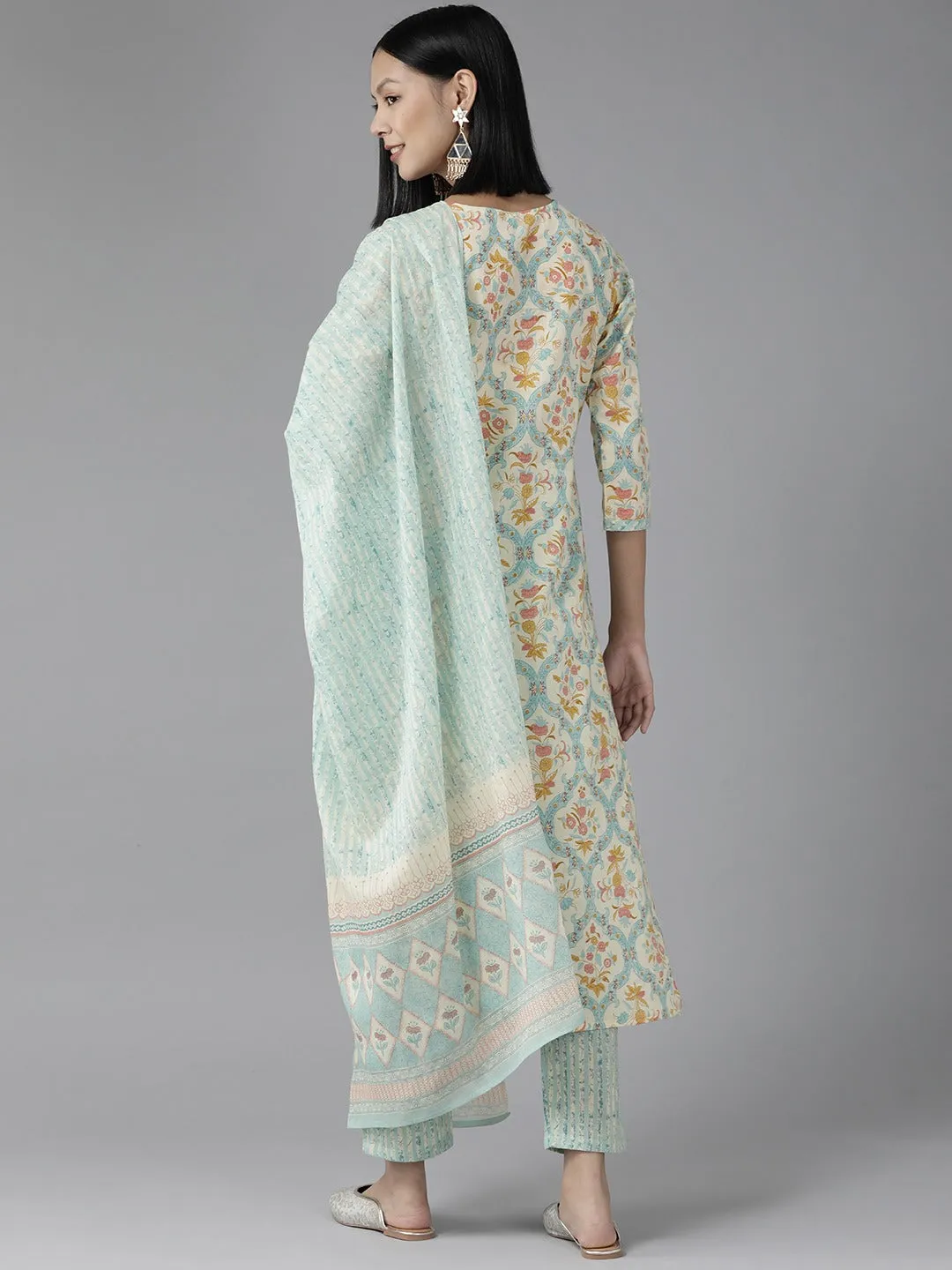 Women Sky Blue And Cream Pure Cotton Kurta Set With Dupatta