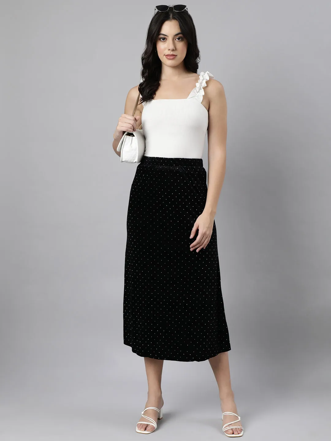 Women Solid Black A-Line Midi Skirt