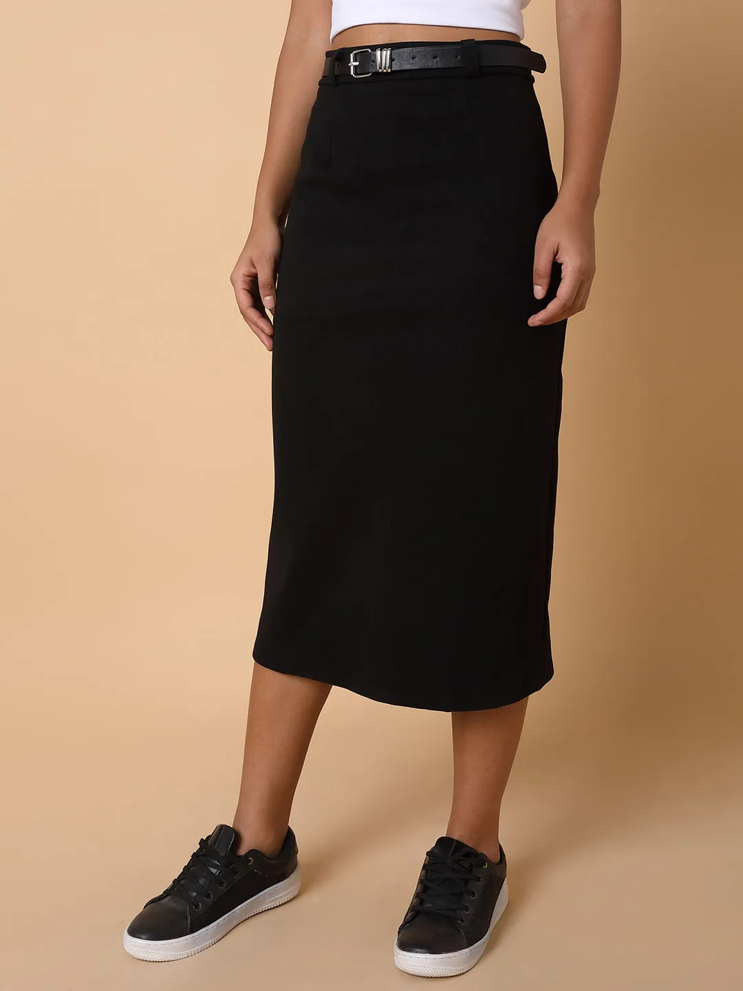 Women Solid Black Midi Skirt with Belt