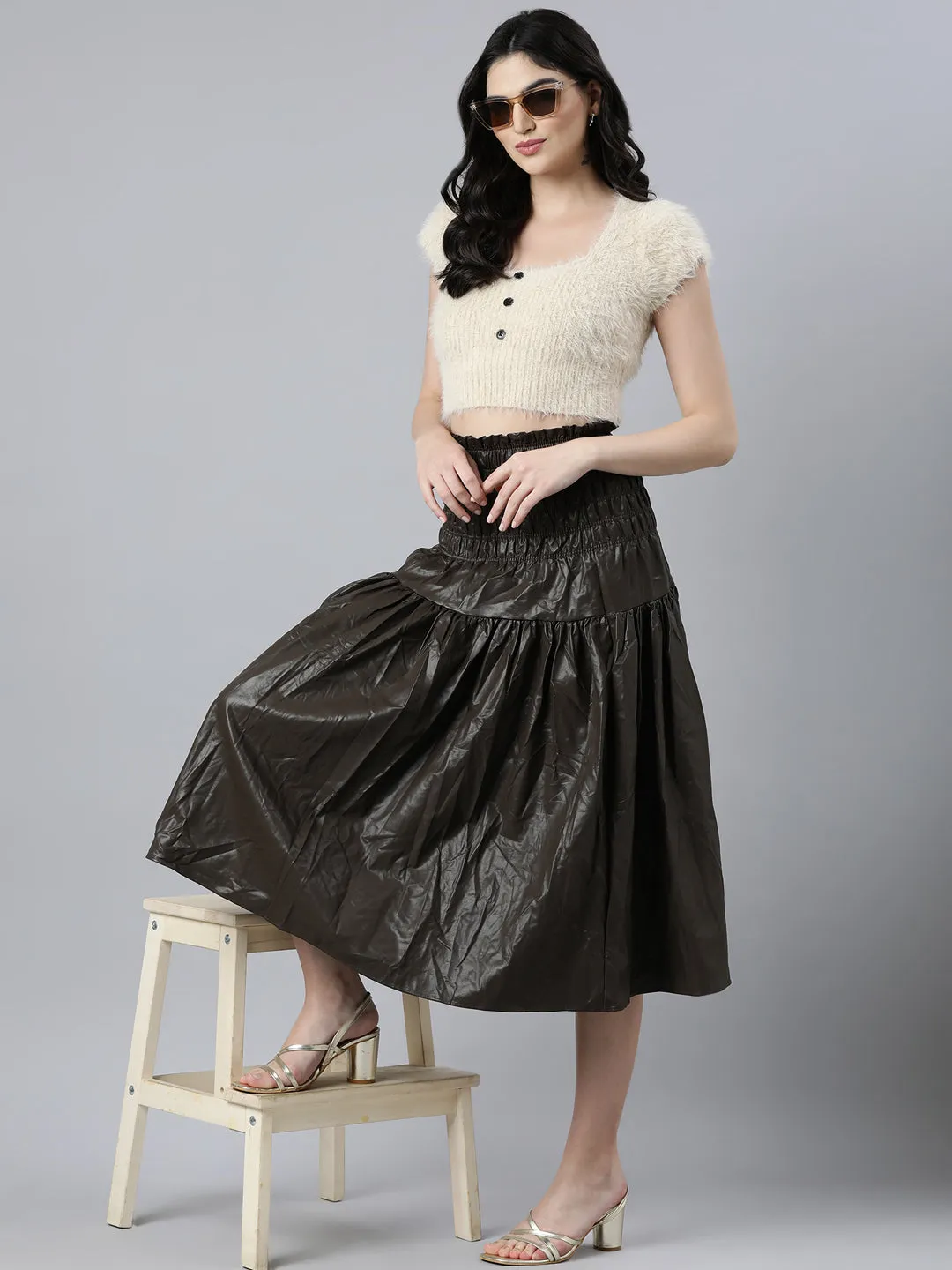 Women Solid Brown Flared Midi Skirt