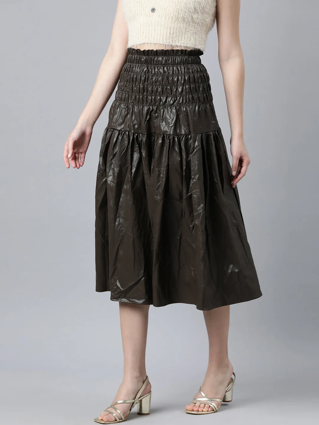 Women Solid Brown Flared Midi Skirt