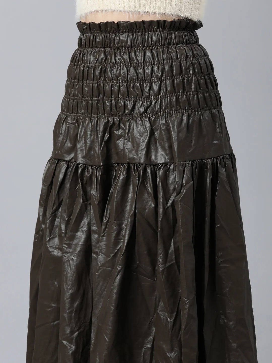 Women Solid Brown Flared Midi Skirt